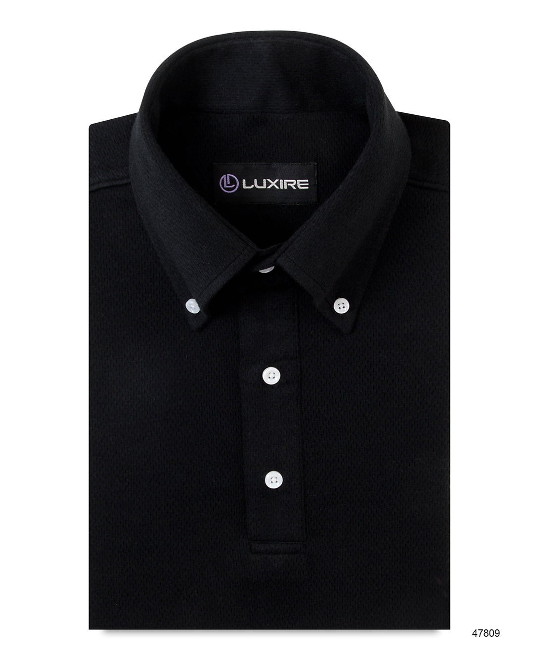 Front of the custom oxford polo shirt for men by Luxire in midnight black