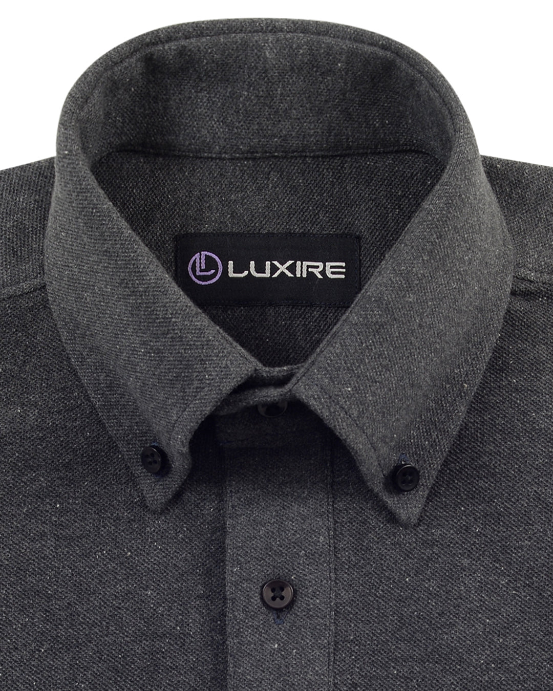 Collar of the custom oxford polo shirt for men by Luxire in lead grey