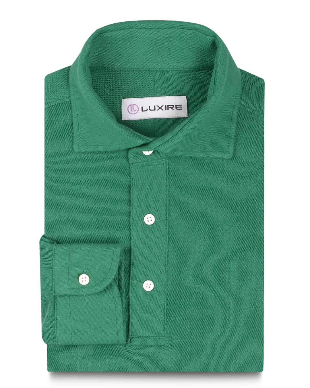 Front of the custom oxford polo shirt for men by Luxire in emerald green