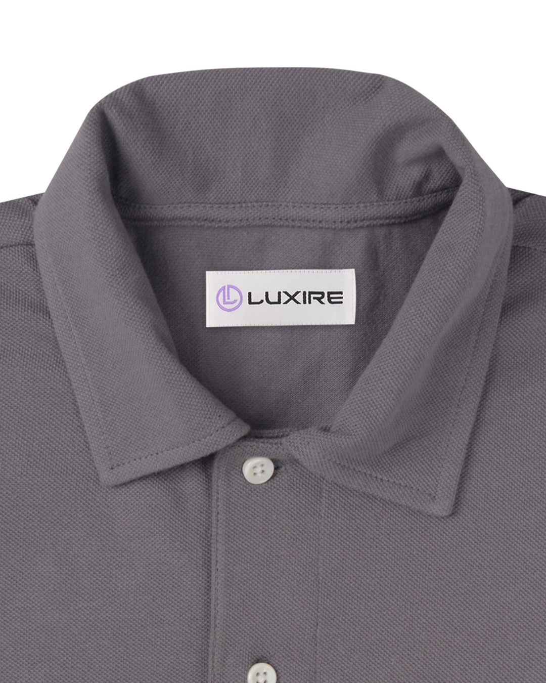 Collar of the custom oxford polo shirt for men by Luxire in flint grey