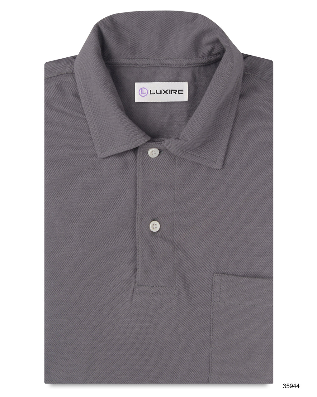 Front of the custom oxford polo shirt for men by Luxire in flint grey