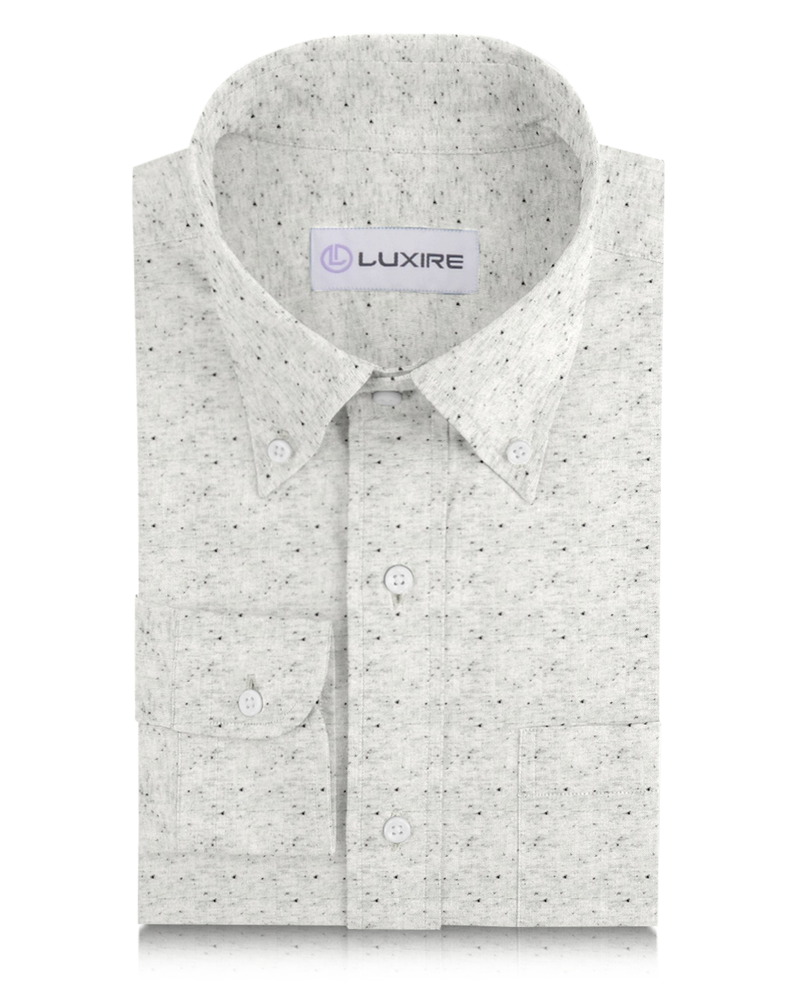 Front of the custom oxford polo shirt for men by Luxire in speckled light grey