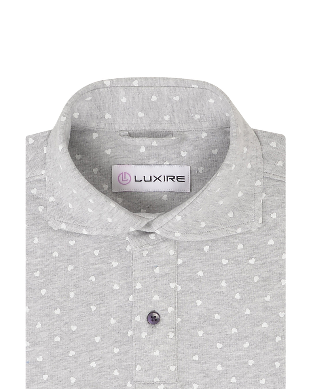 Collar of the custom oxford polo shirt for men by Luxire in grey with white heart print