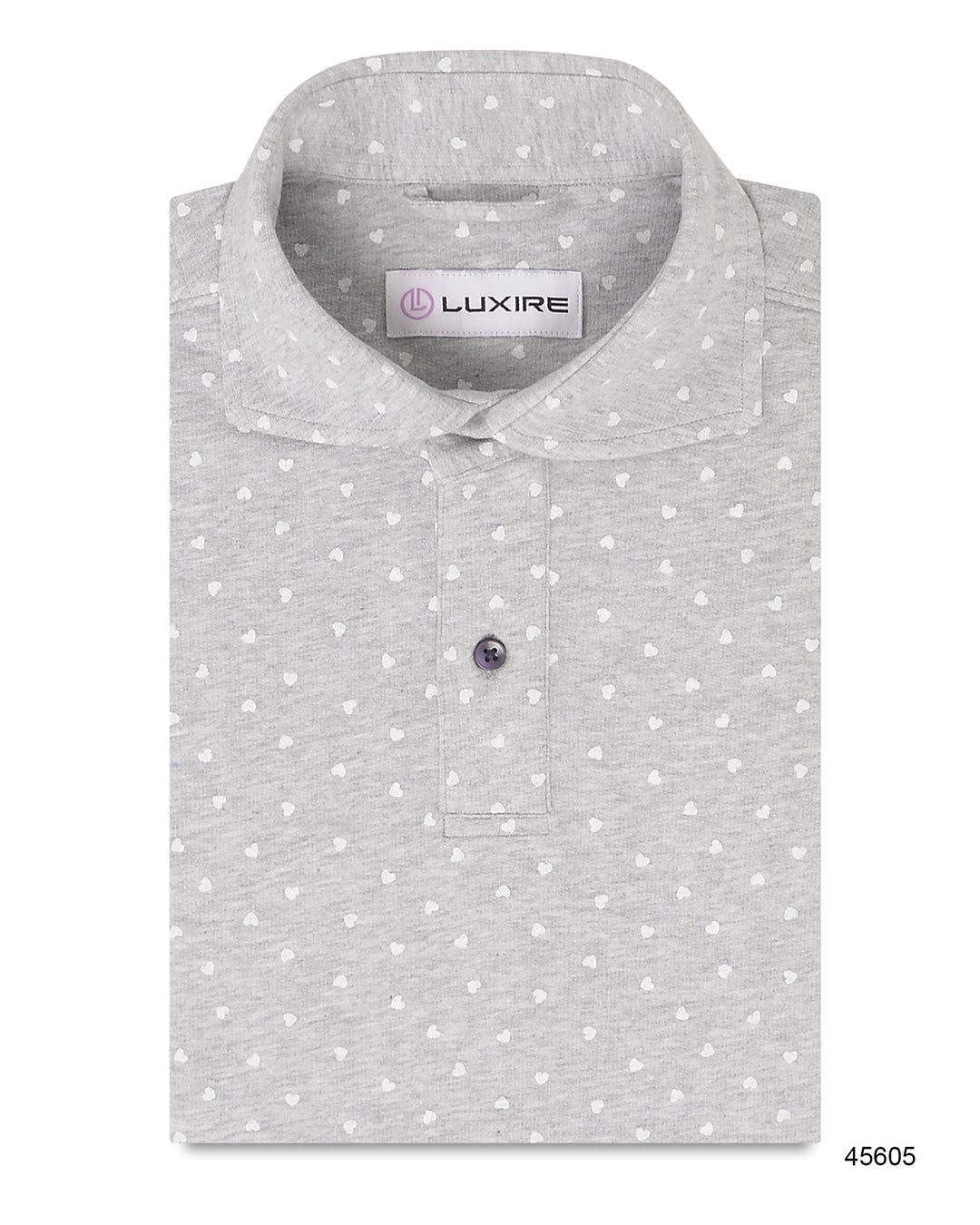 Front of the custom oxford polo shirt for men by Luxire in grey with white heart print