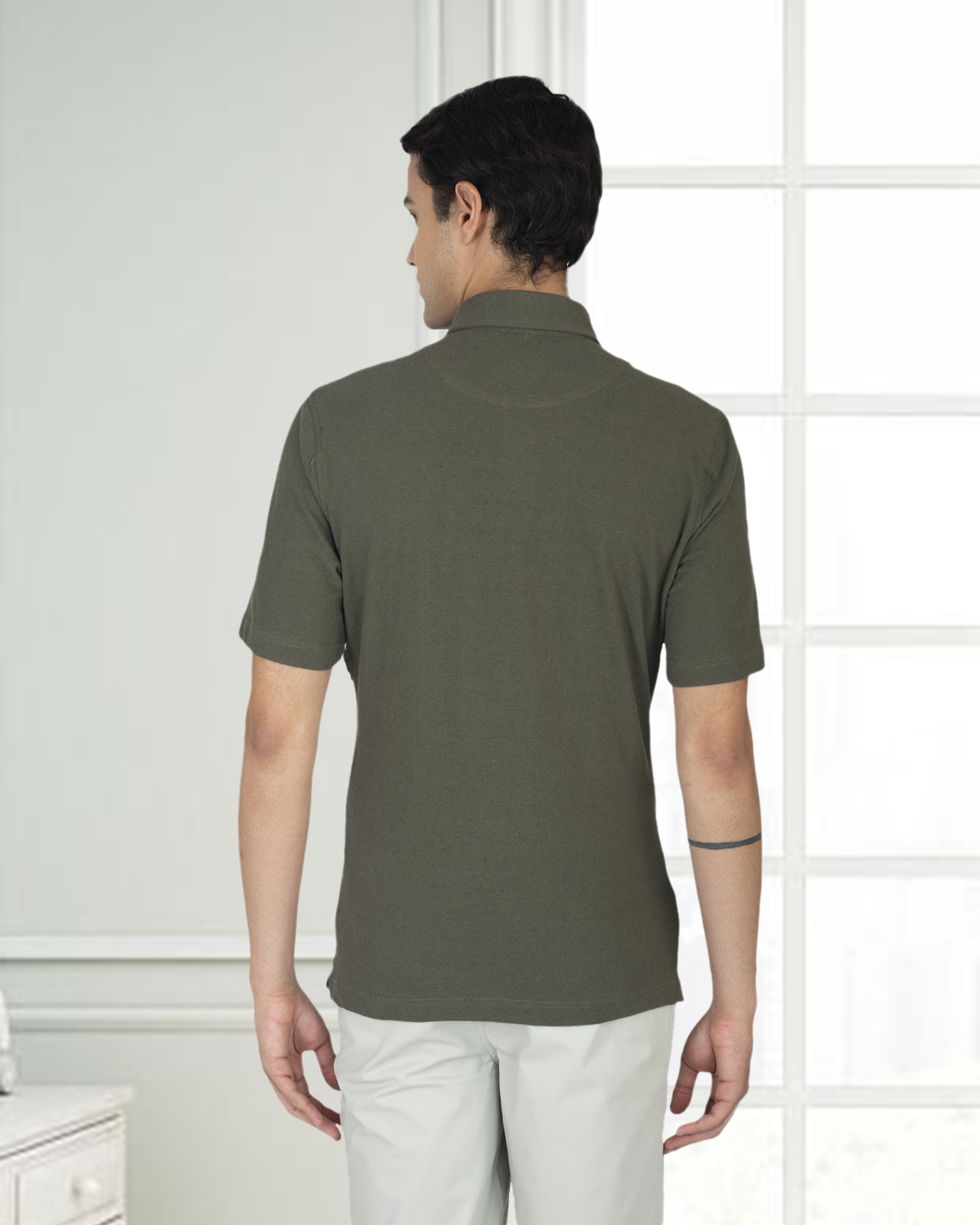 Olive Green Linen Cotton Polo T-Shirt - 9