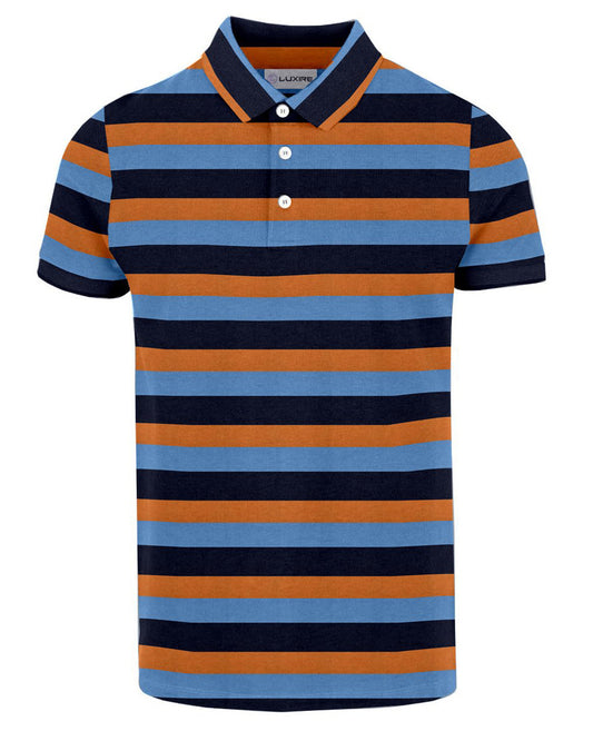 Front of the custom oxford polo shirt for men by Luxire with navy blue and orange stripes