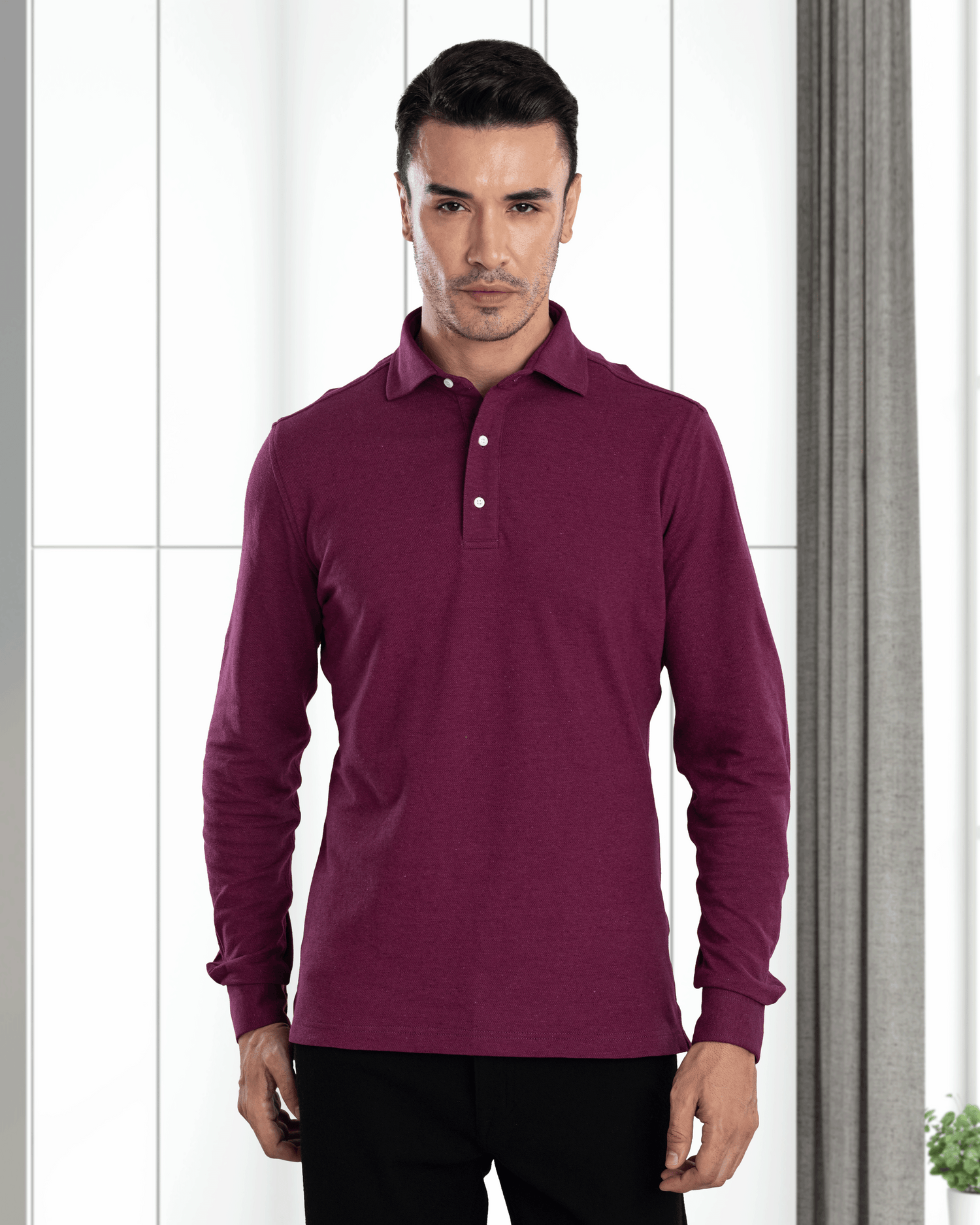Model wearing the custom oxford polo shirt for men by Luxire in purple hands at side 2