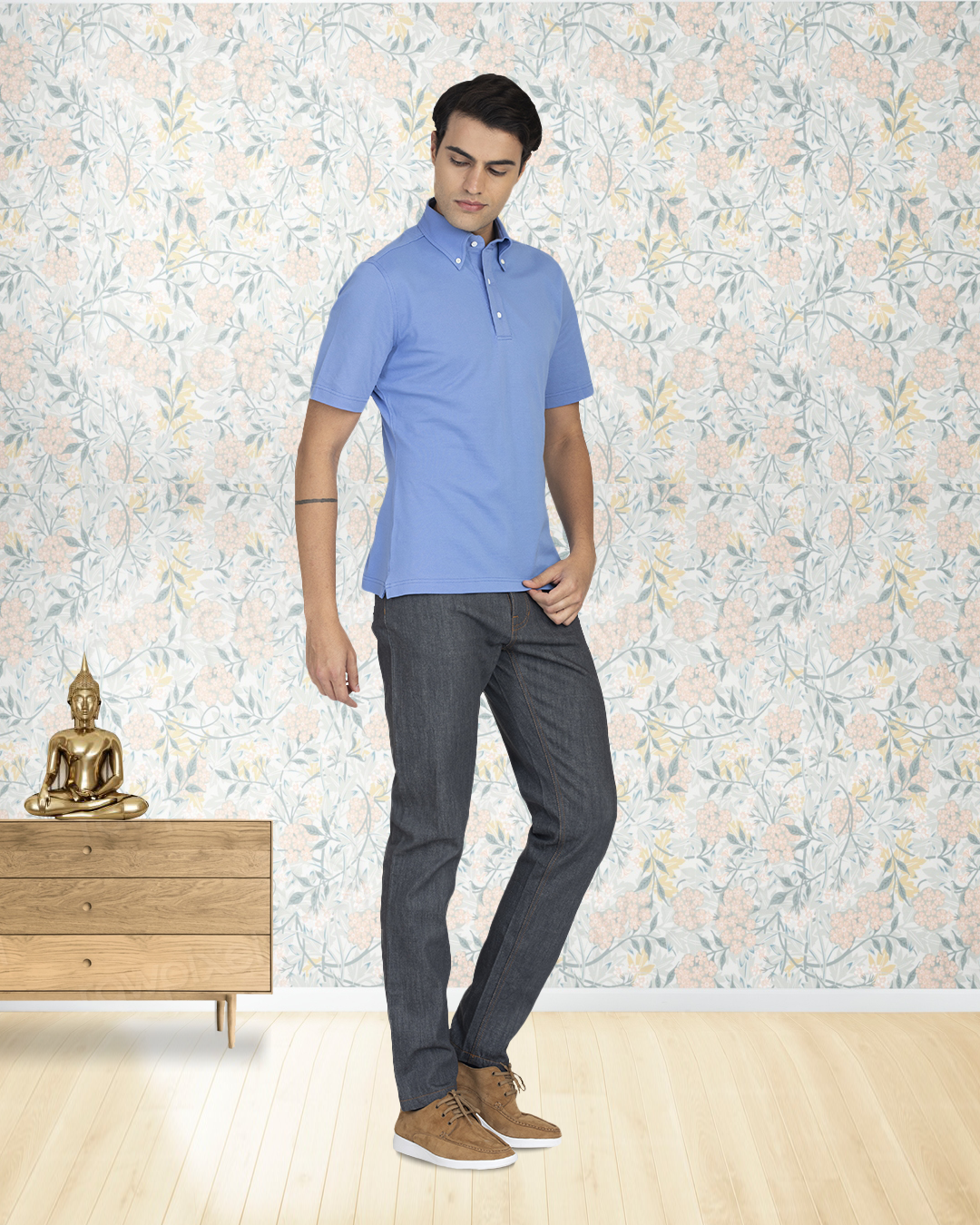Model wearing custom  jeans for men by Luxire in grey 3