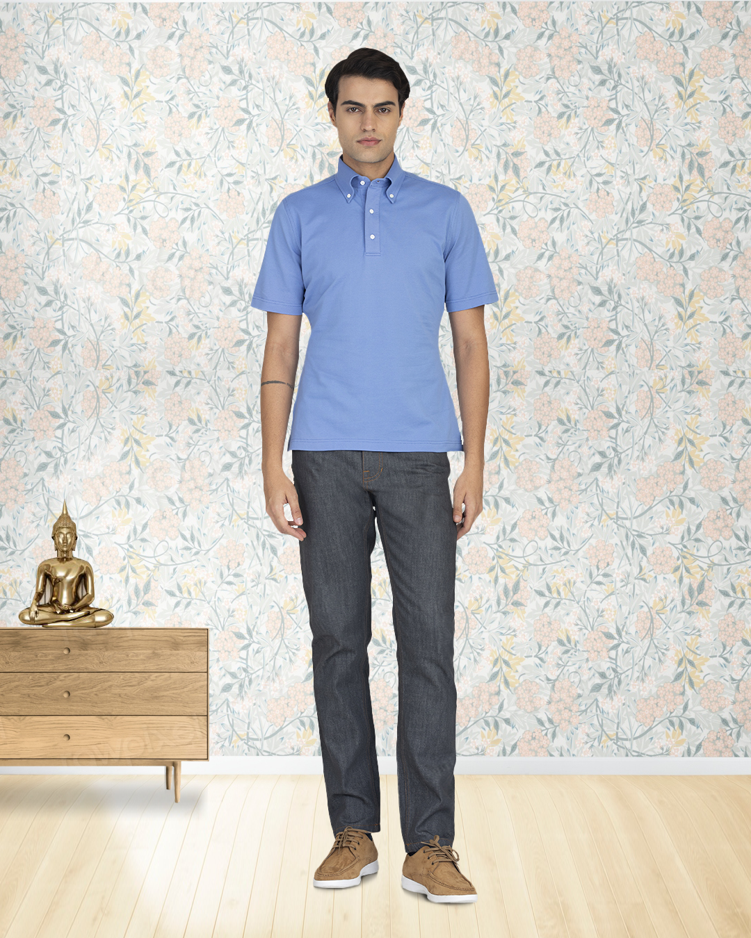 Model wearing custom  jeans for men by Luxire in grey 2
