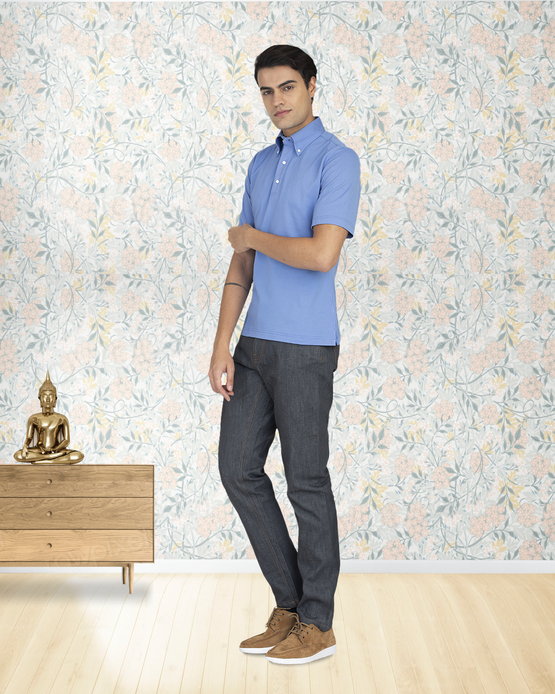 Model wearing custom  jeans for men by Luxire in grey 4