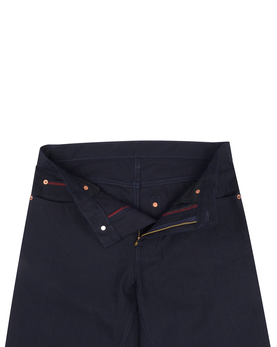 Front open view of custom chino jeans for men by Luxire in navy