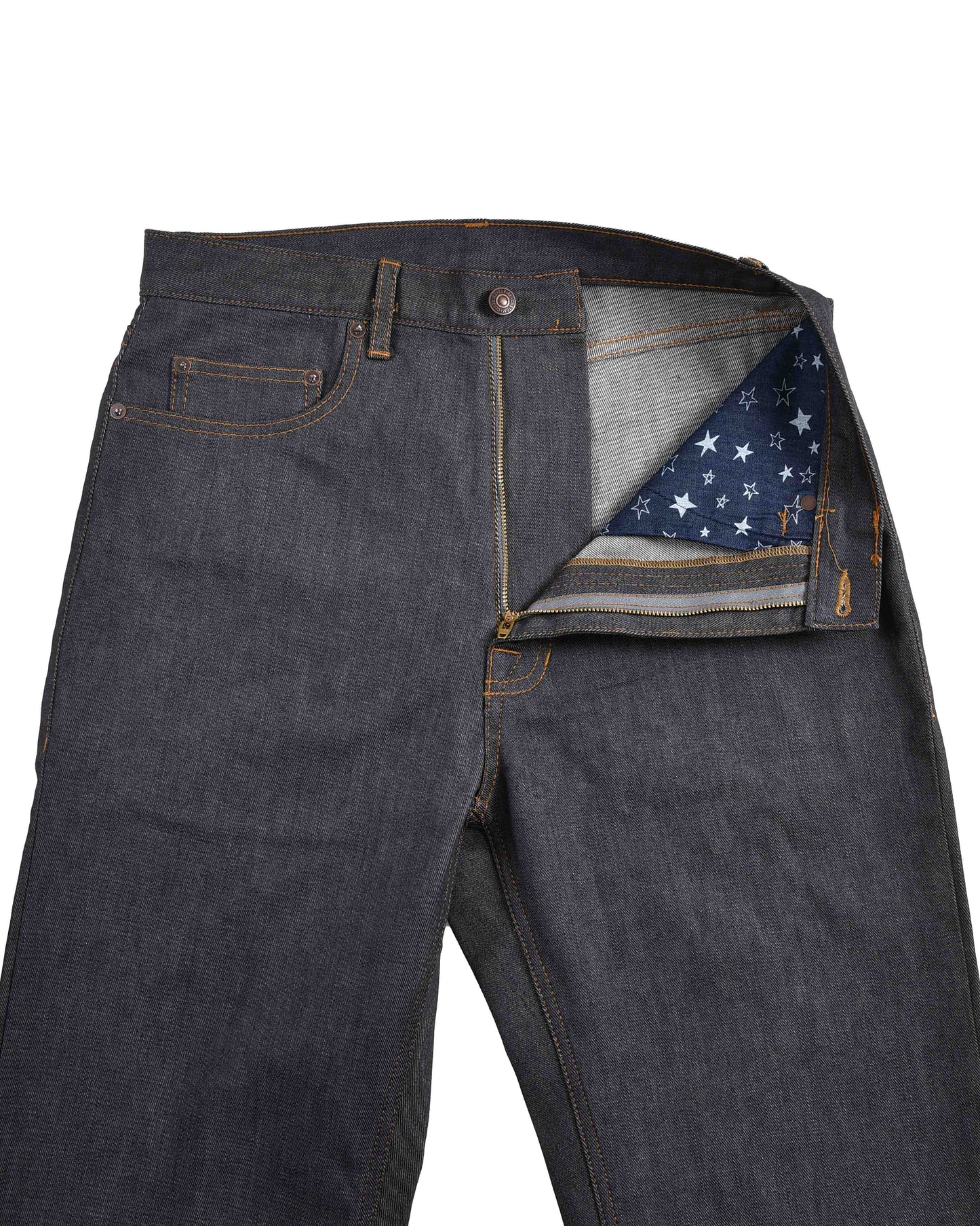 Front open view of stretchable jeans for men by Luxire in dark grey