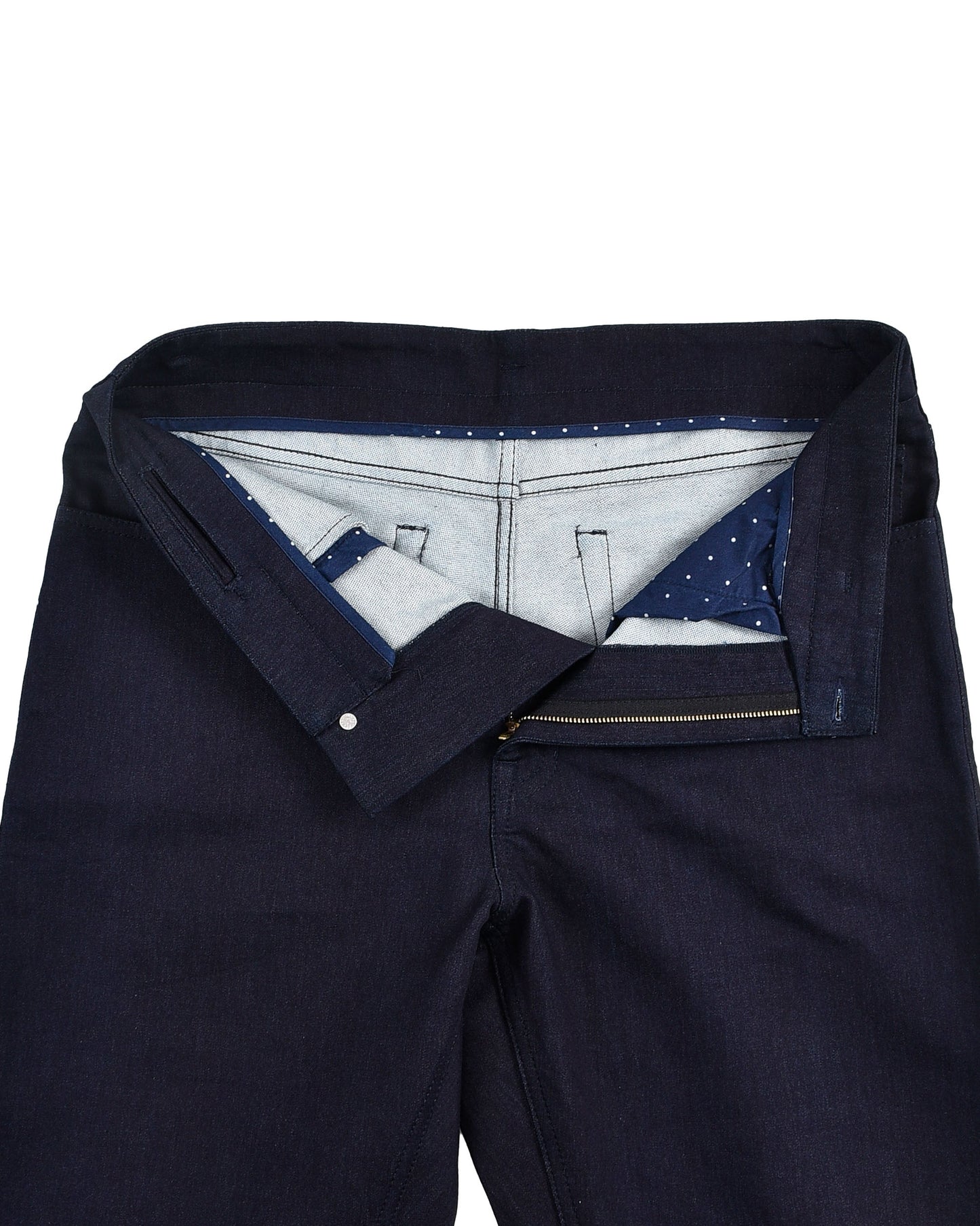 Front open view of stretchable jeans for men by Luxire in dark navy 2