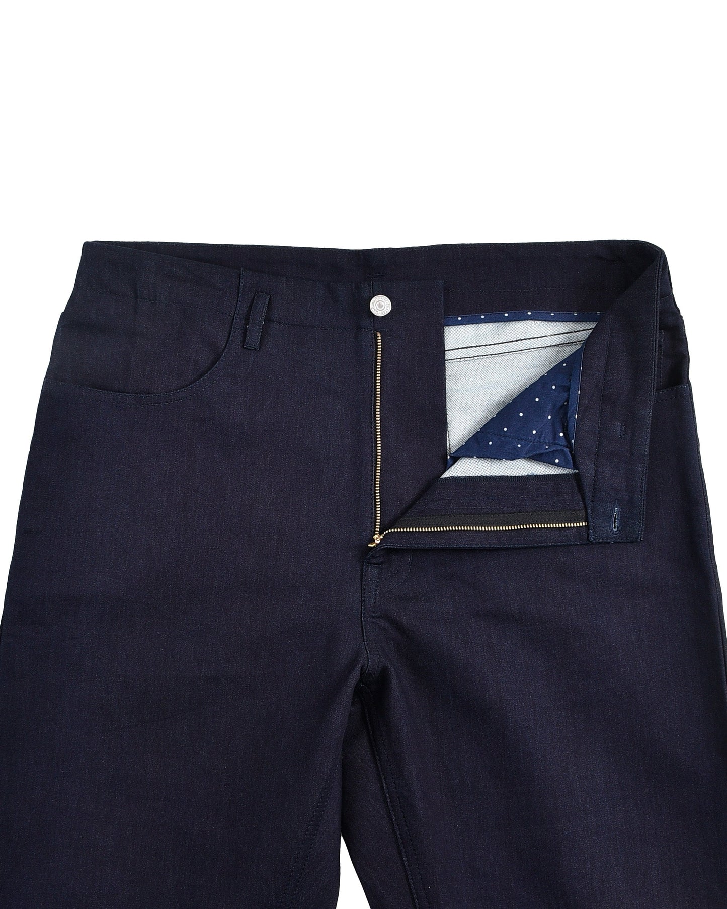 Front open view of stretchable jeans for men by Luxire in dark navy