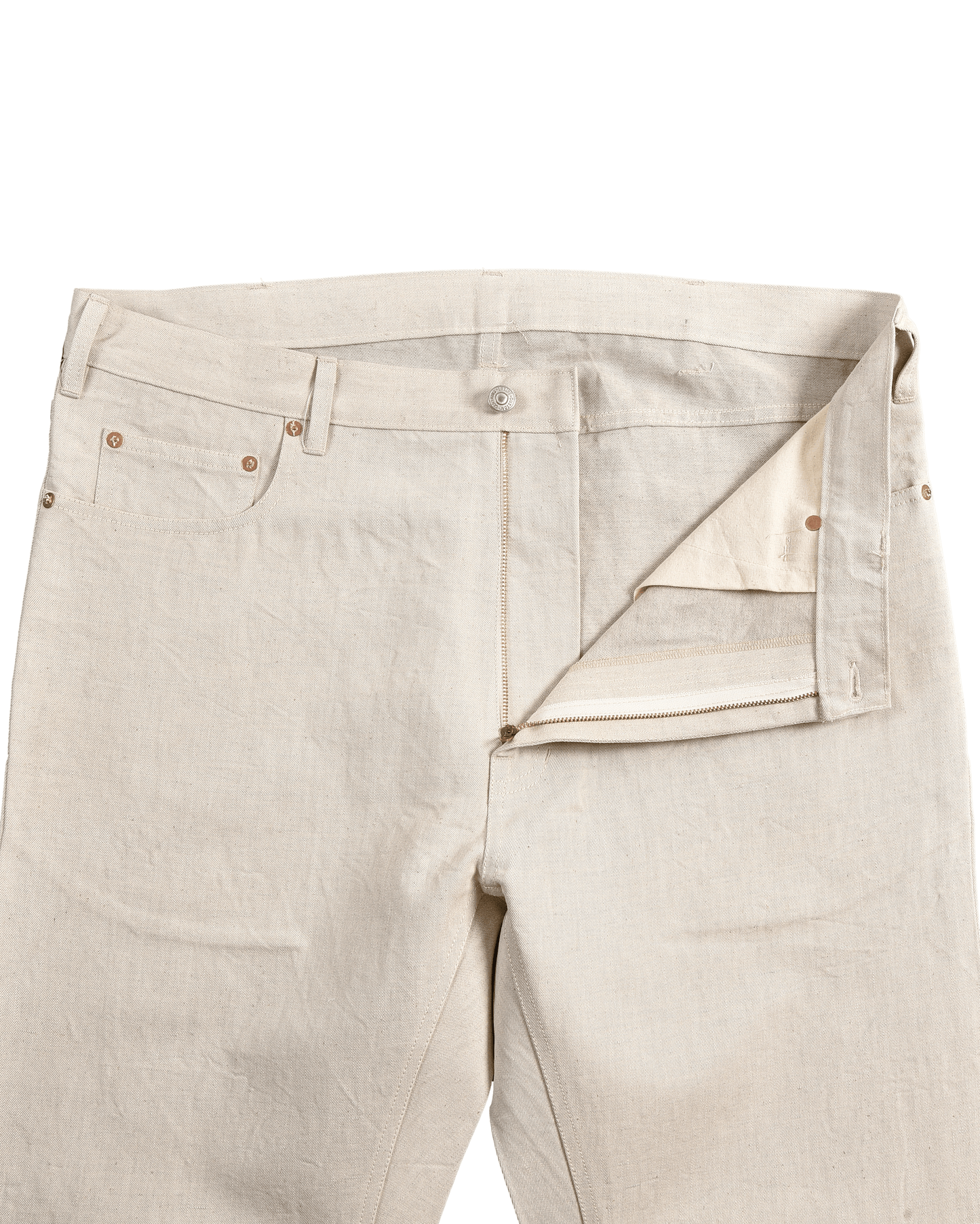 Front open view of denim jeans for men by Luxire in ivory
