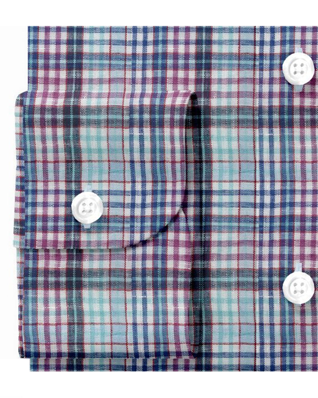 Cuff of custom linen shirt for men in blue pink aqua madras