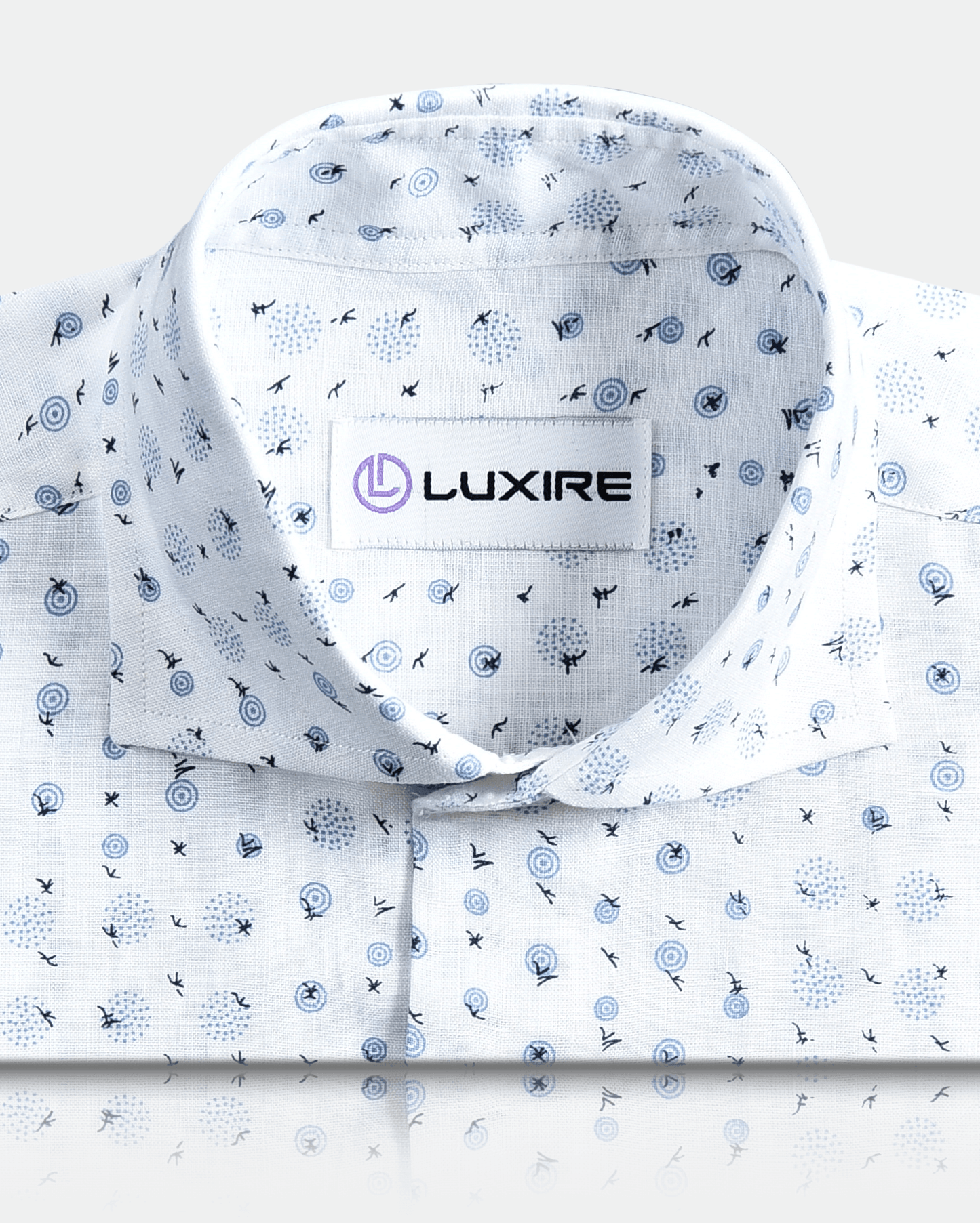 Close up front view of custom linen shirt for men in printed birds