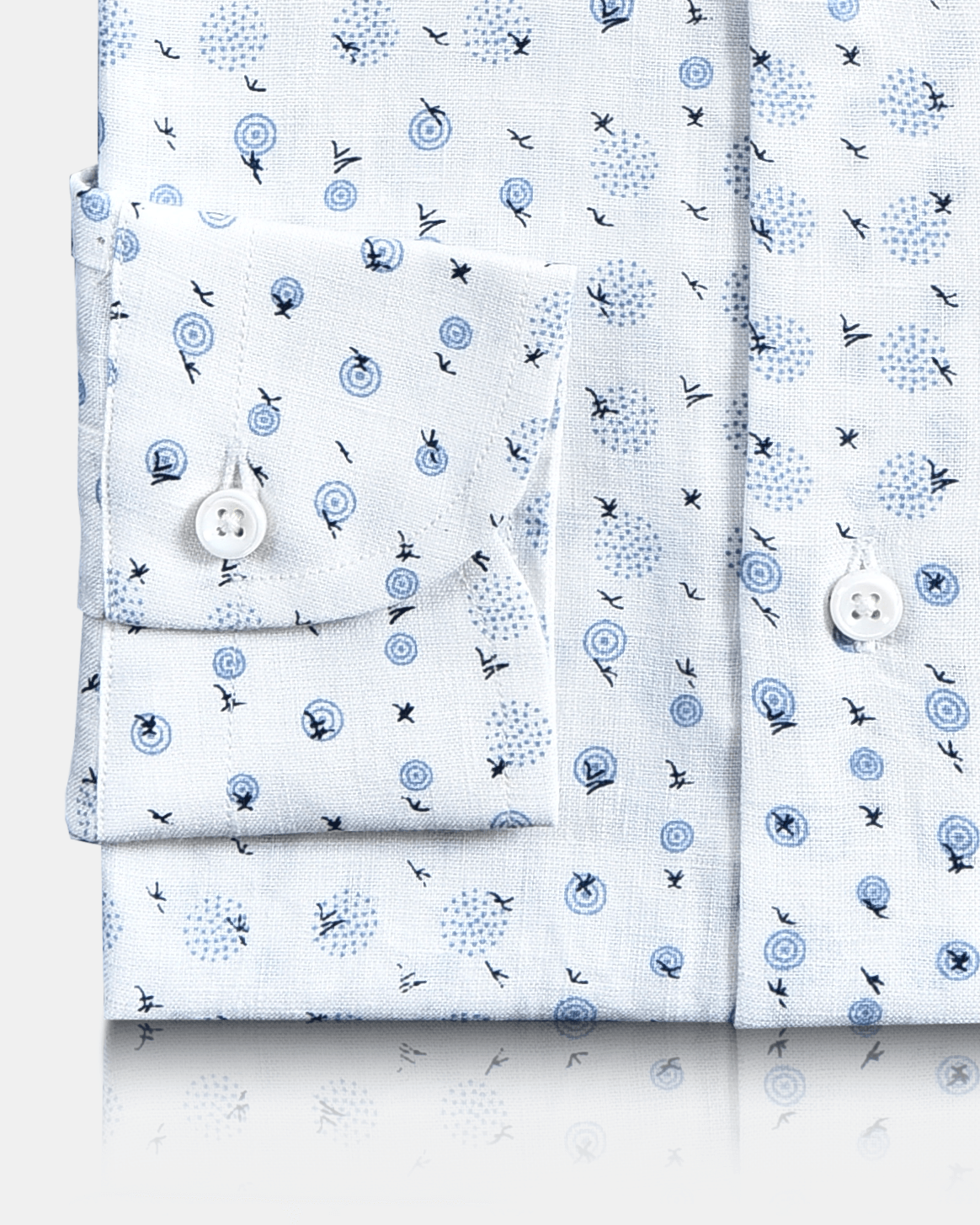 Cuff of custom linen shirt for men in printed birds