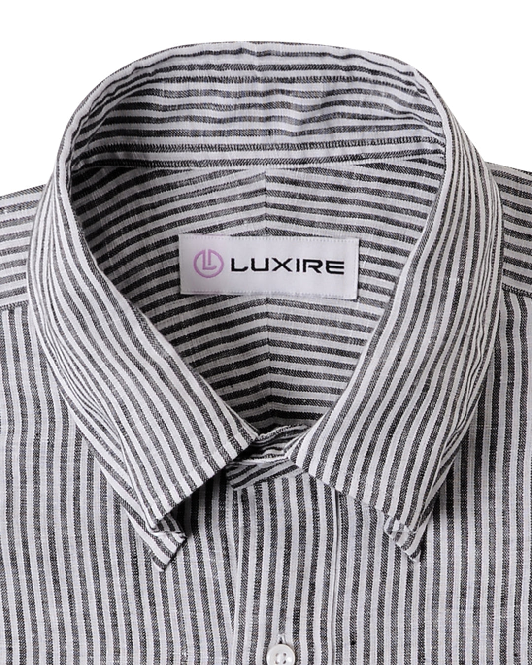 Front close up view of custom linen shirt for men by Luxire in black with stripes