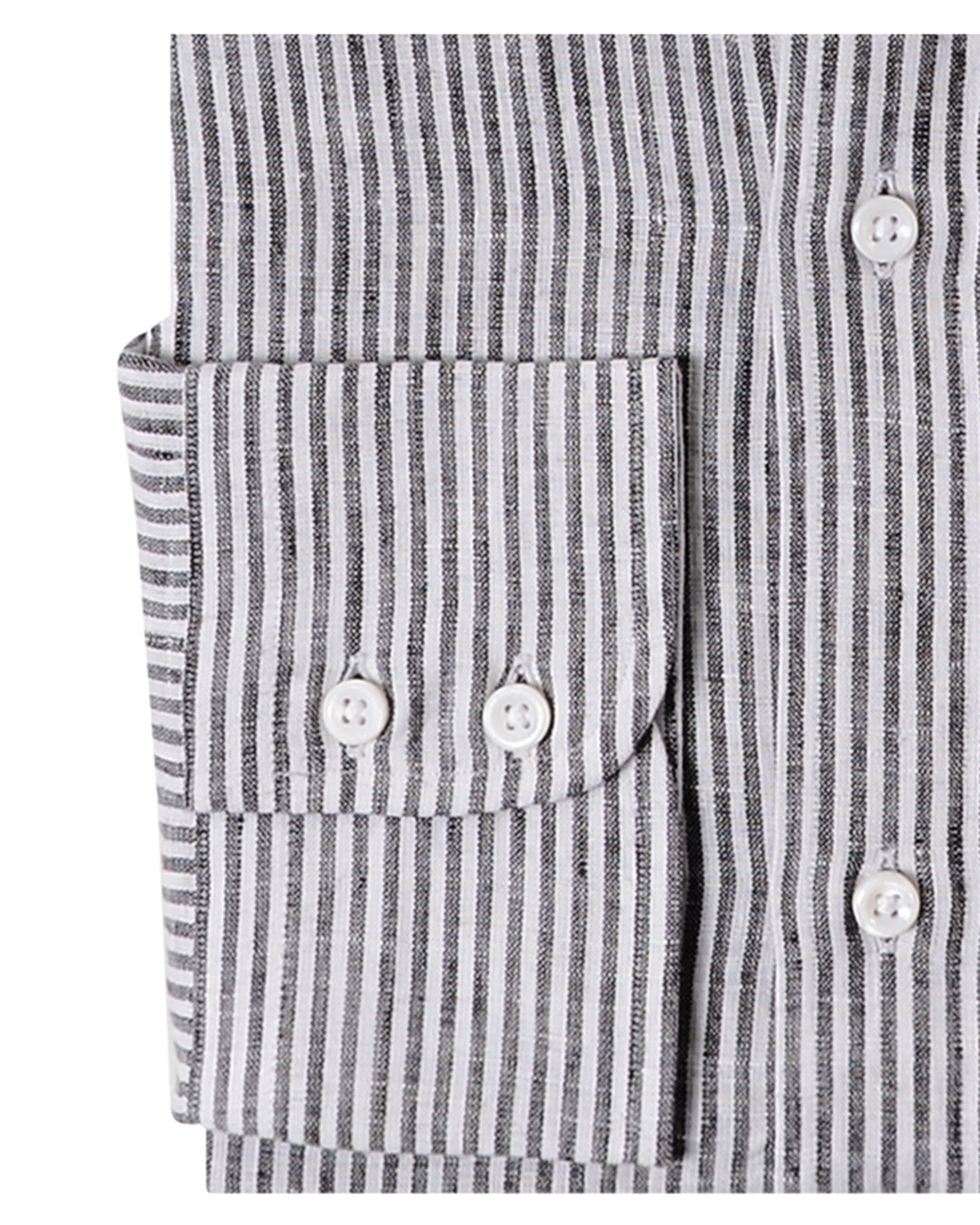 Close up view of custom linen shirt for men by Luxire in black with stripes