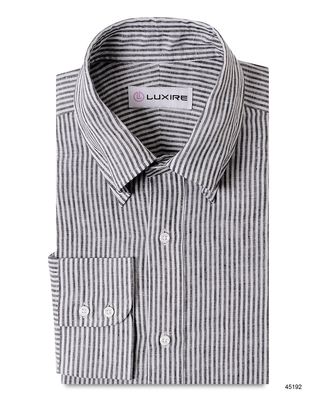 Front view of custom linen shirt for men by Luxire in black with stripes