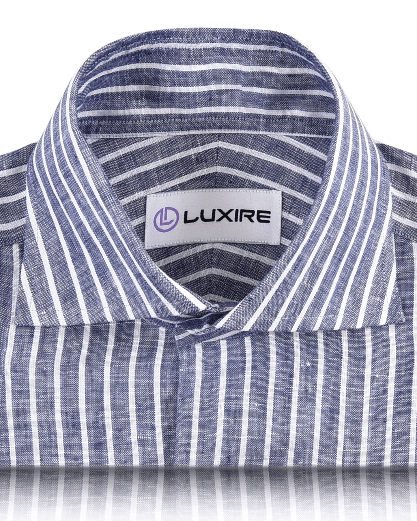Collar of custom linen shirt for men in blue chambray with white stripes