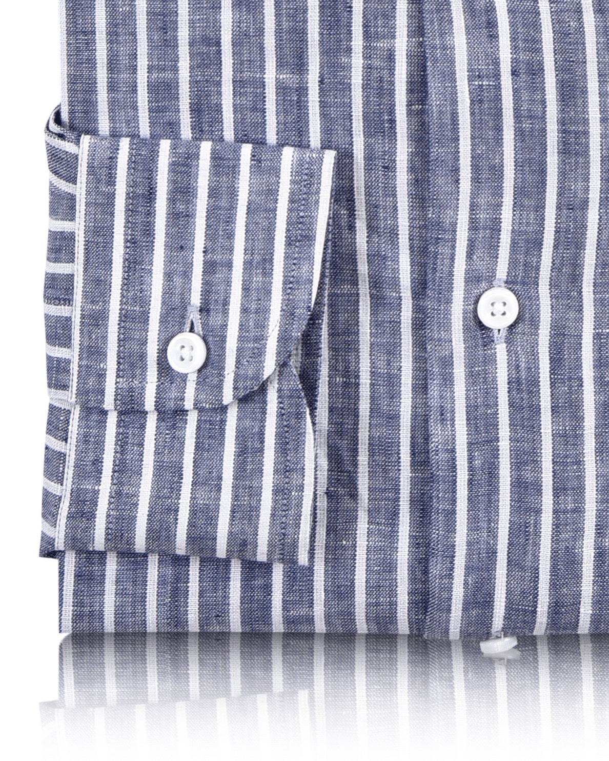 Cuff of custom linen shirt for men in blue chambray with white stripes
