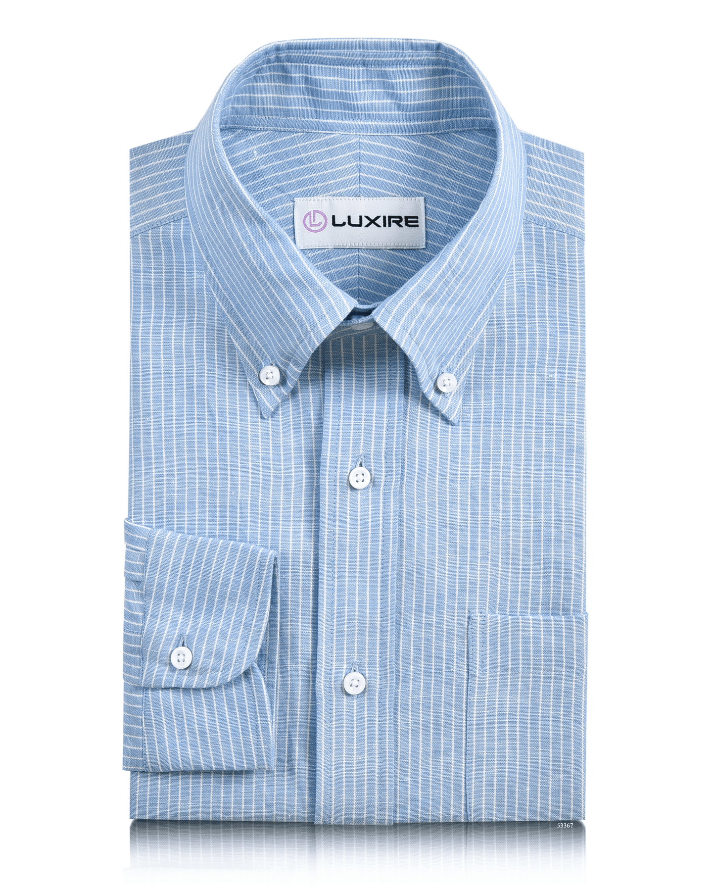 Front of the custom linen shirt for men in blue with white pinstripes by Luxire Clothing