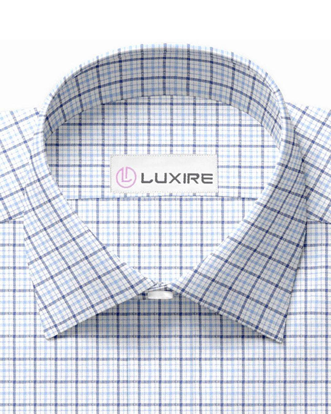 Collar of custom linen shirt for men in shades of blue tattersall
