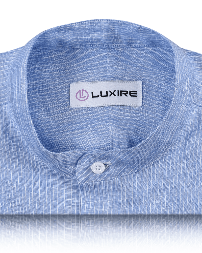 Collar of the custom linen shirt for men in white and blue stripes by Luxire Clothing