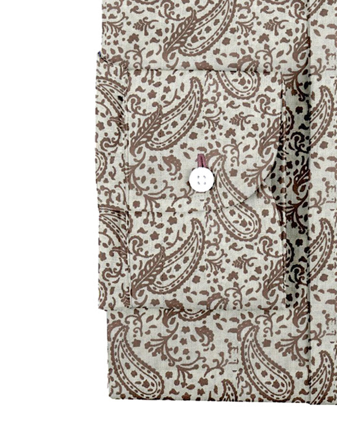 Cuff of custom linen shirt for men in brown printed paisley
