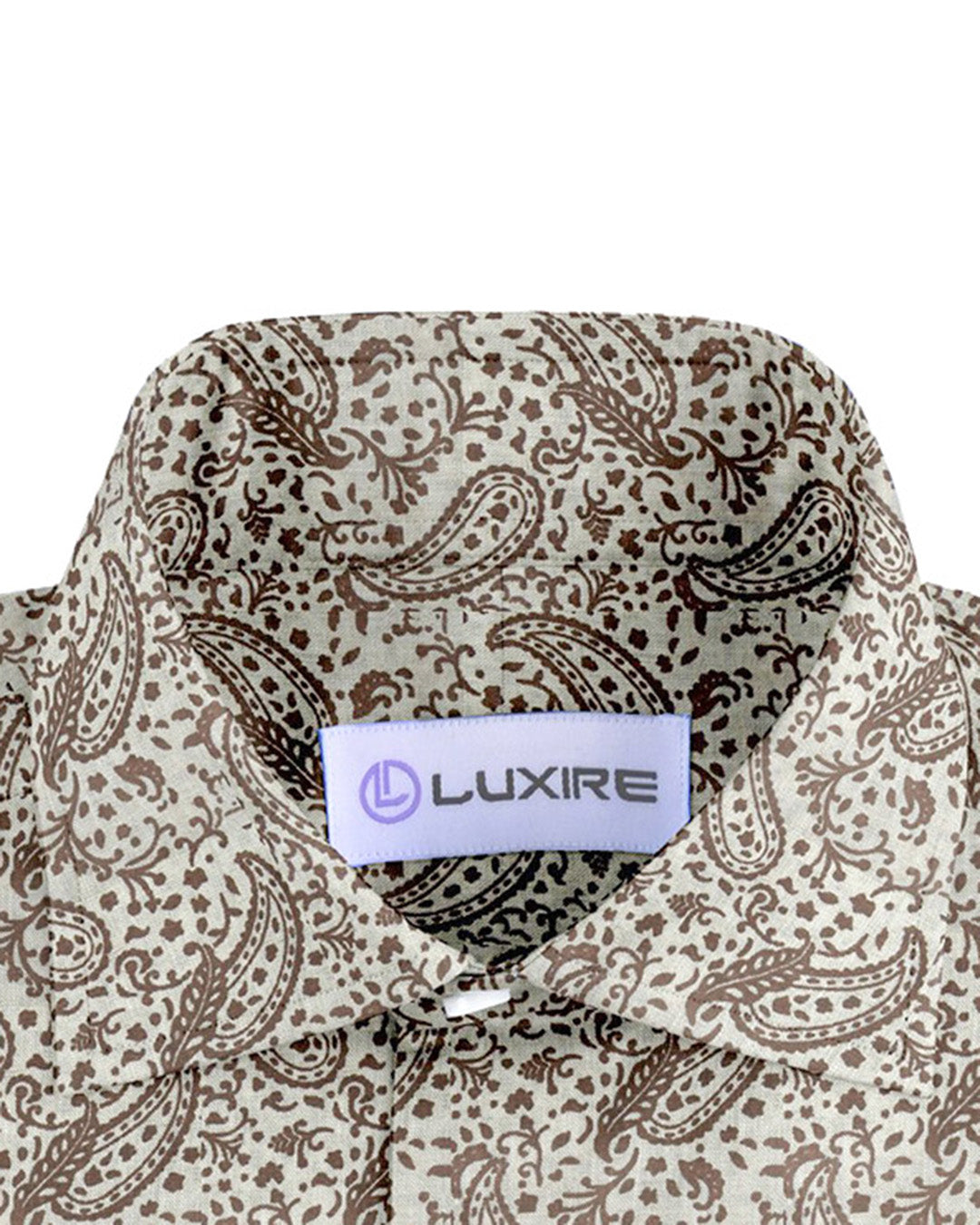 Collar of custom linen shirt for men in brown printed paisley