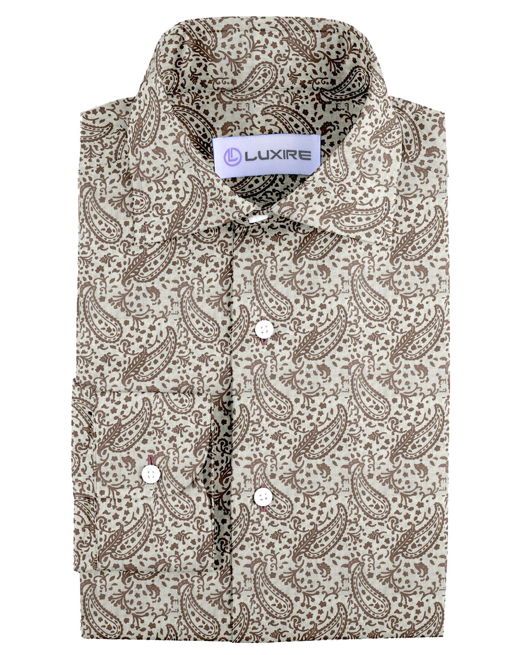 Front view of custom linen shirt for men in brown printed paisley