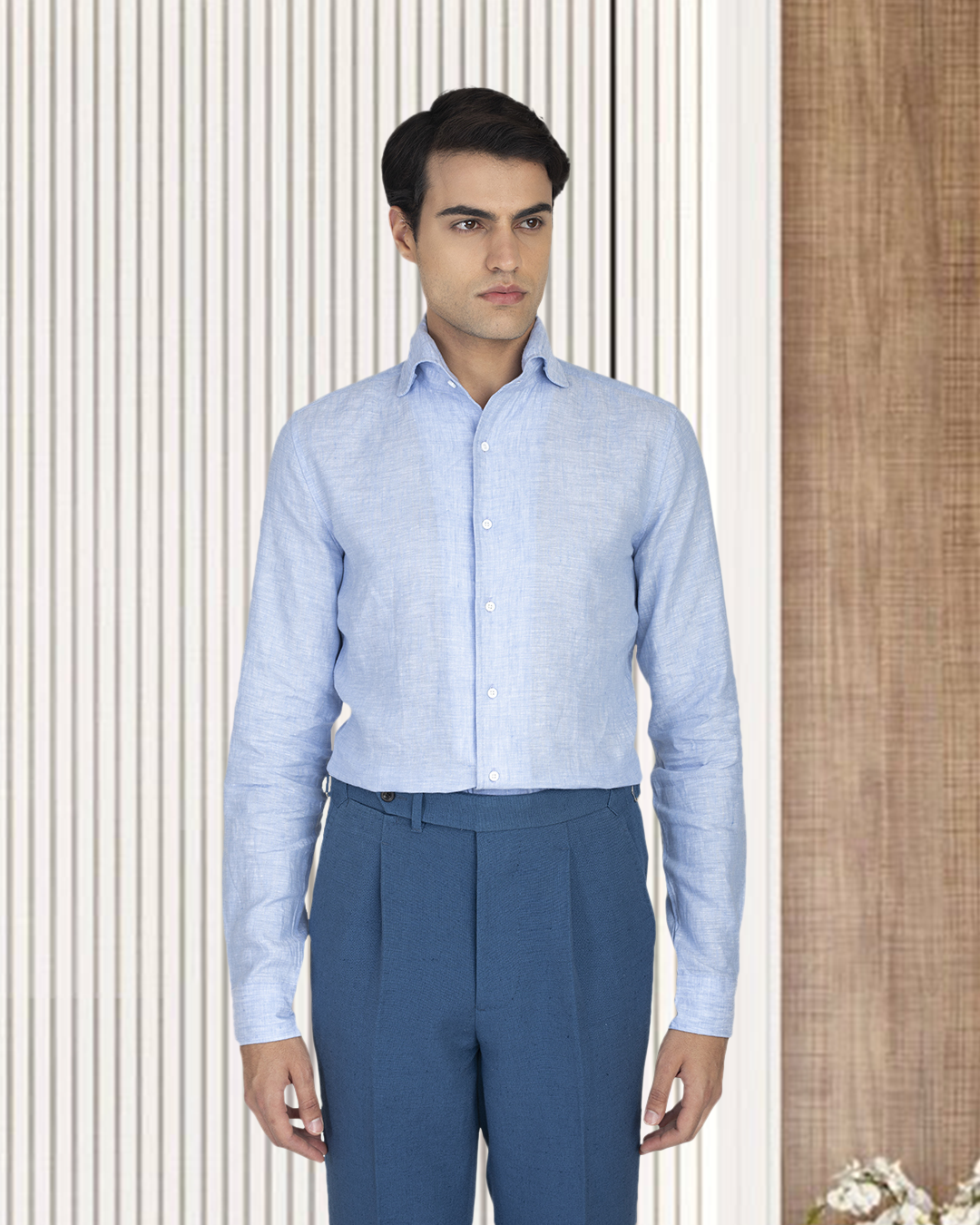 Linen Cotton: Light Blue Chambray one piece collar placket - 2