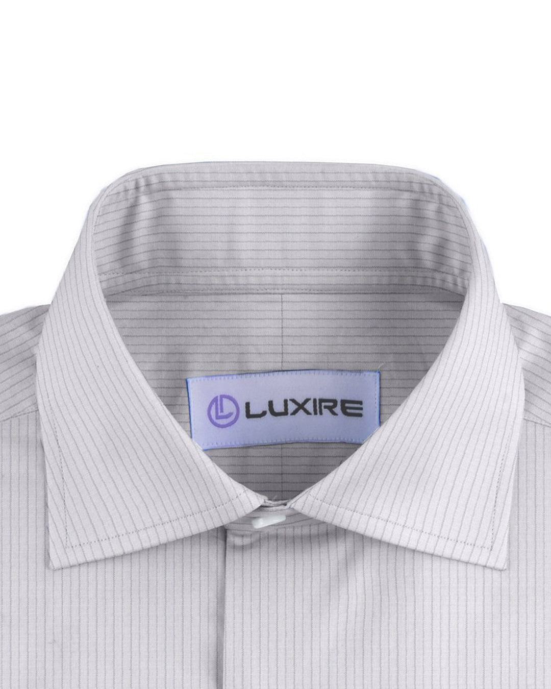 Collar of the custom linen shirt for men in grey pinstripes by Luxire Clothing