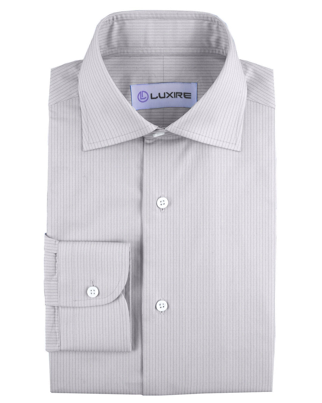 Front of the custom linen shirt for men in grey pinstripes by Luxire Clothing
