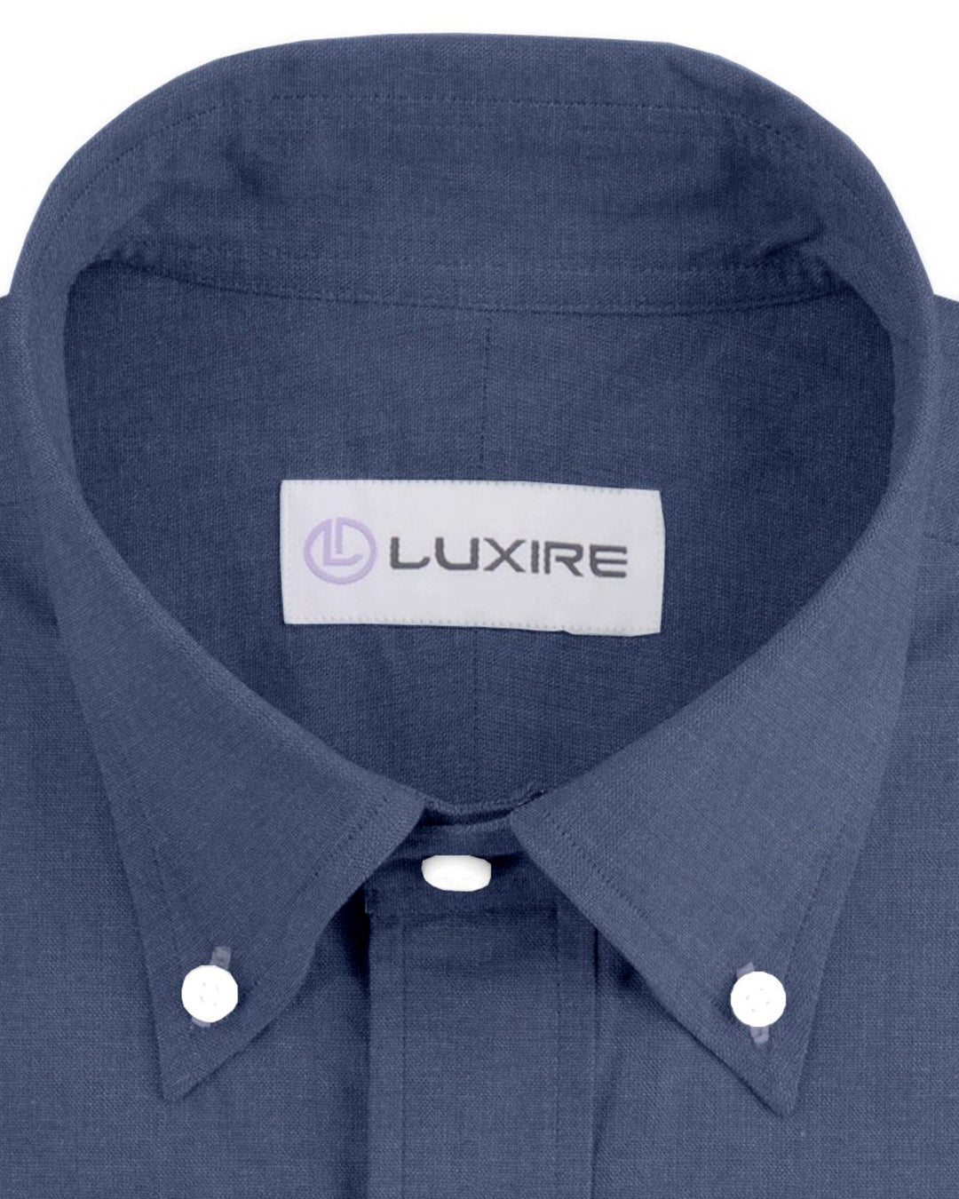 Collar of the custom linen shirt for men in indigo denim by Luxire Clothing
