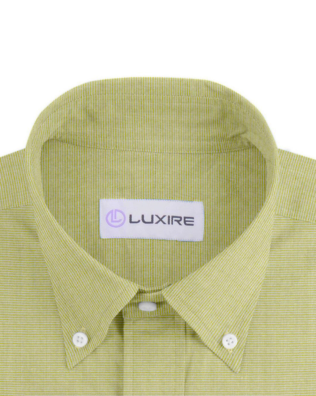 Collar of the custom linen shirt for men in lemon green by Luxire Clothing