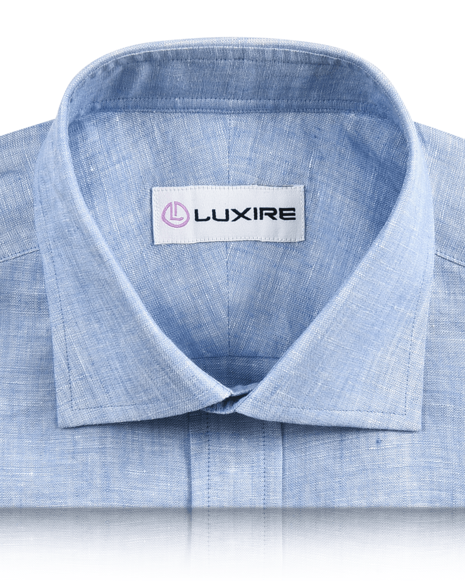 Collar of the custom linen shirt for men in light blue chambray by Luxire Clothing