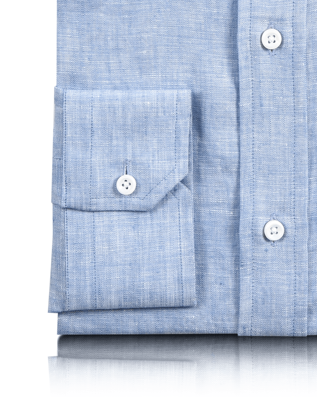 Cuff of the custom linen shirt for men in light blue chambray by Luxire Clothing