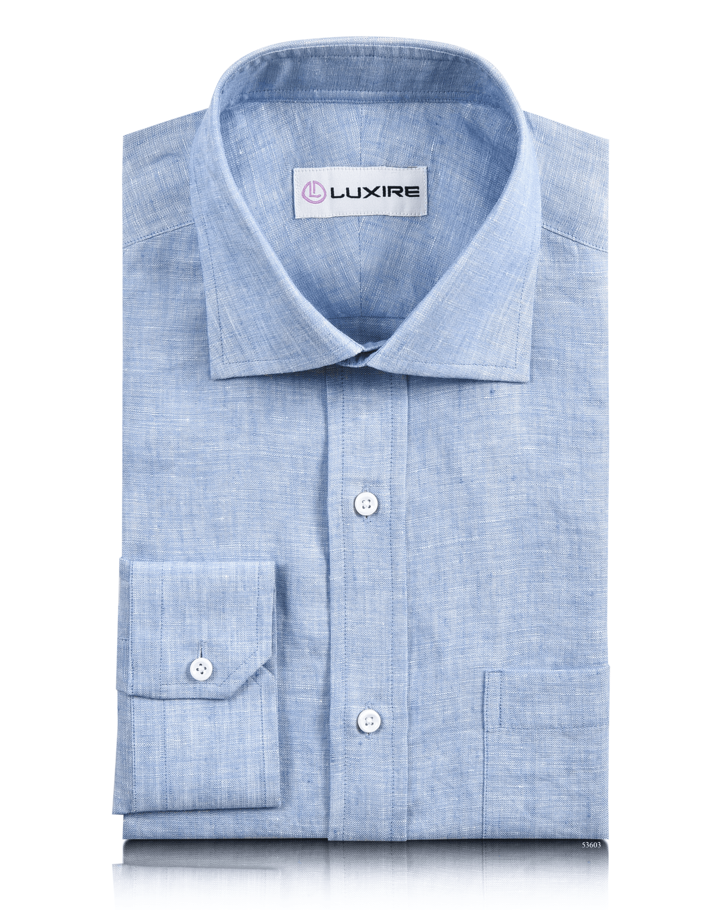 Front of the custom linen shirt for men in light blue chambray by Luxire Clothing
