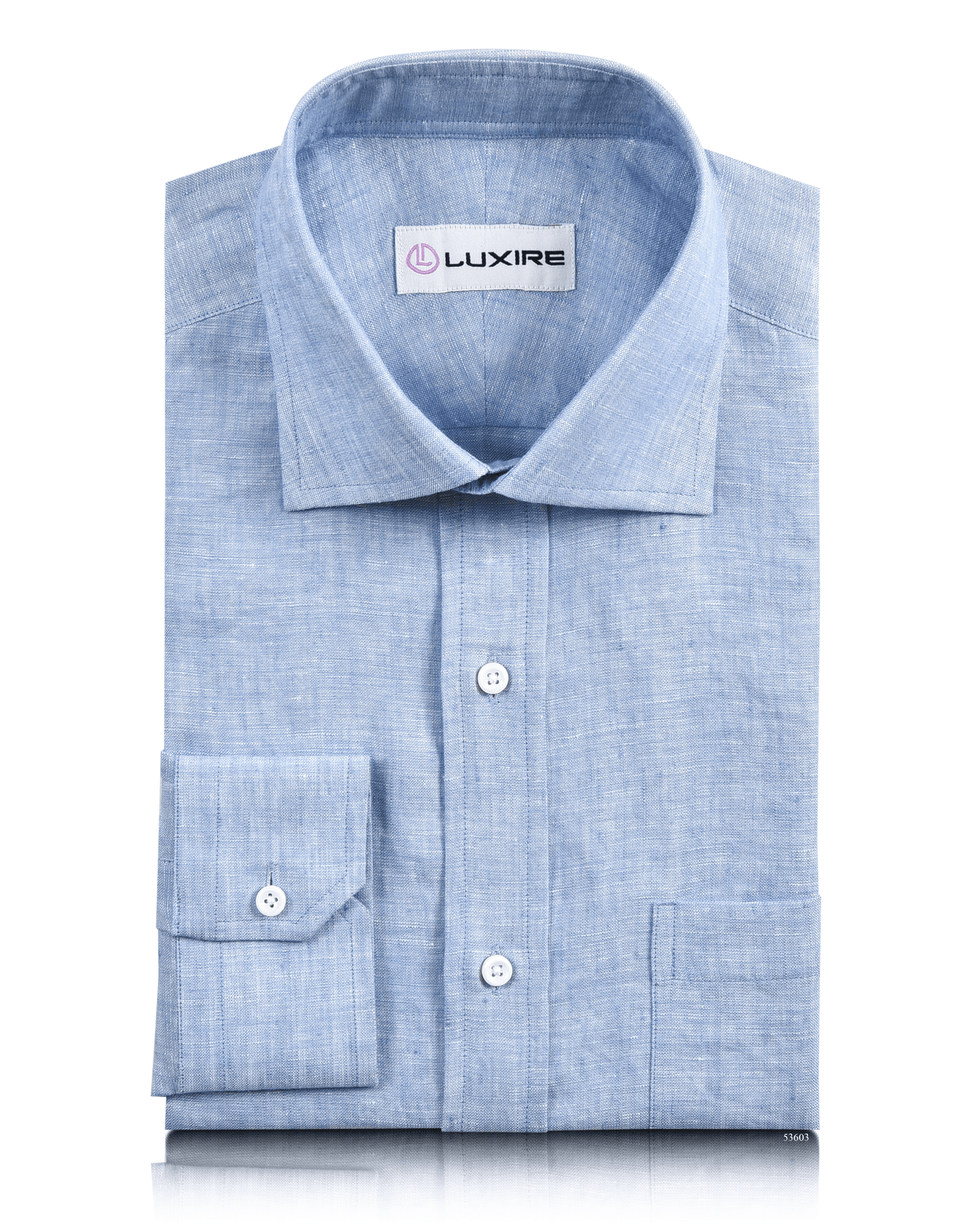 Front of the custom linen shirt for men in light blue chambray by Luxire Clothing