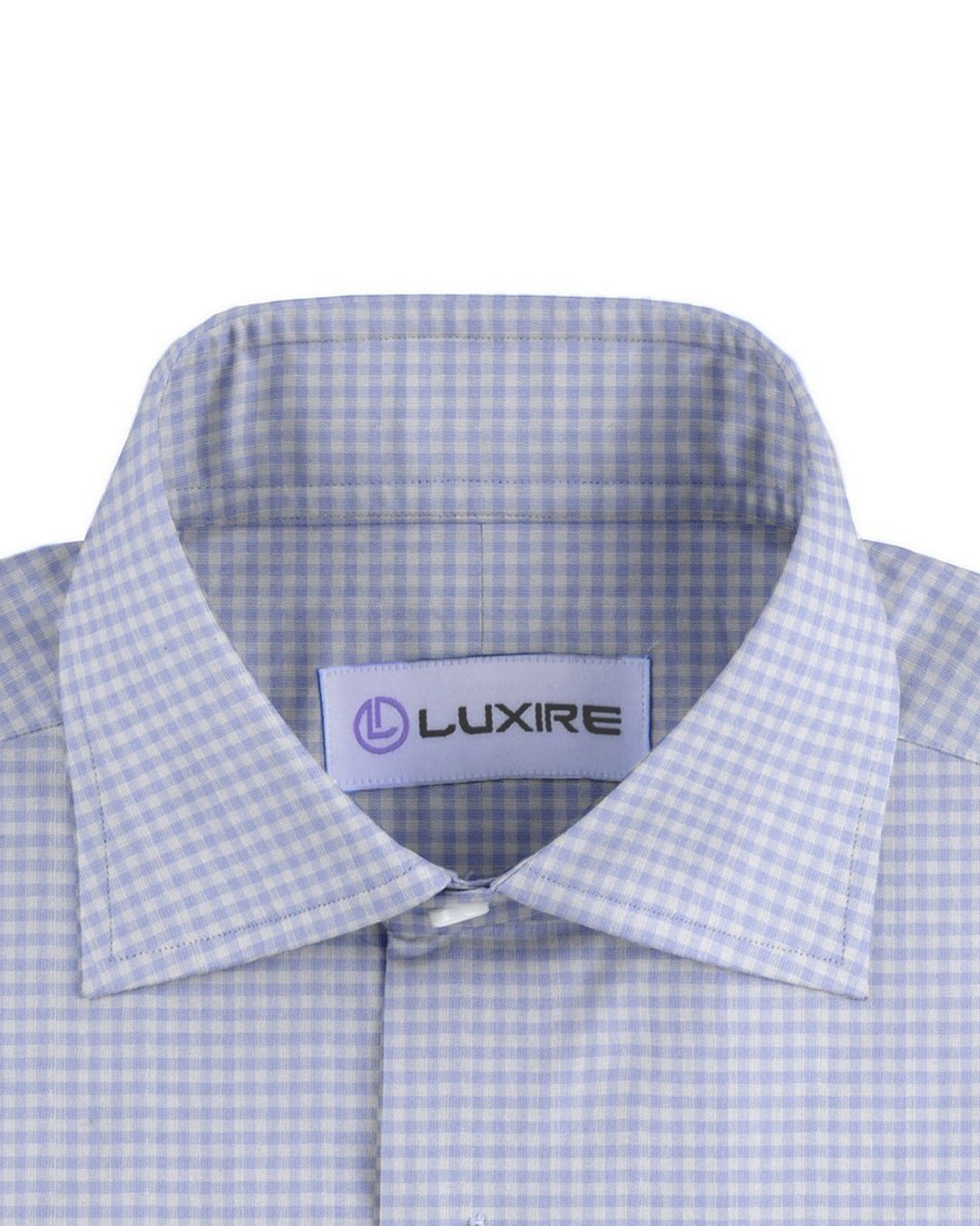 Collar of the custom linen shirt for men in light blue with blue gingham checks by Luxire Clothing