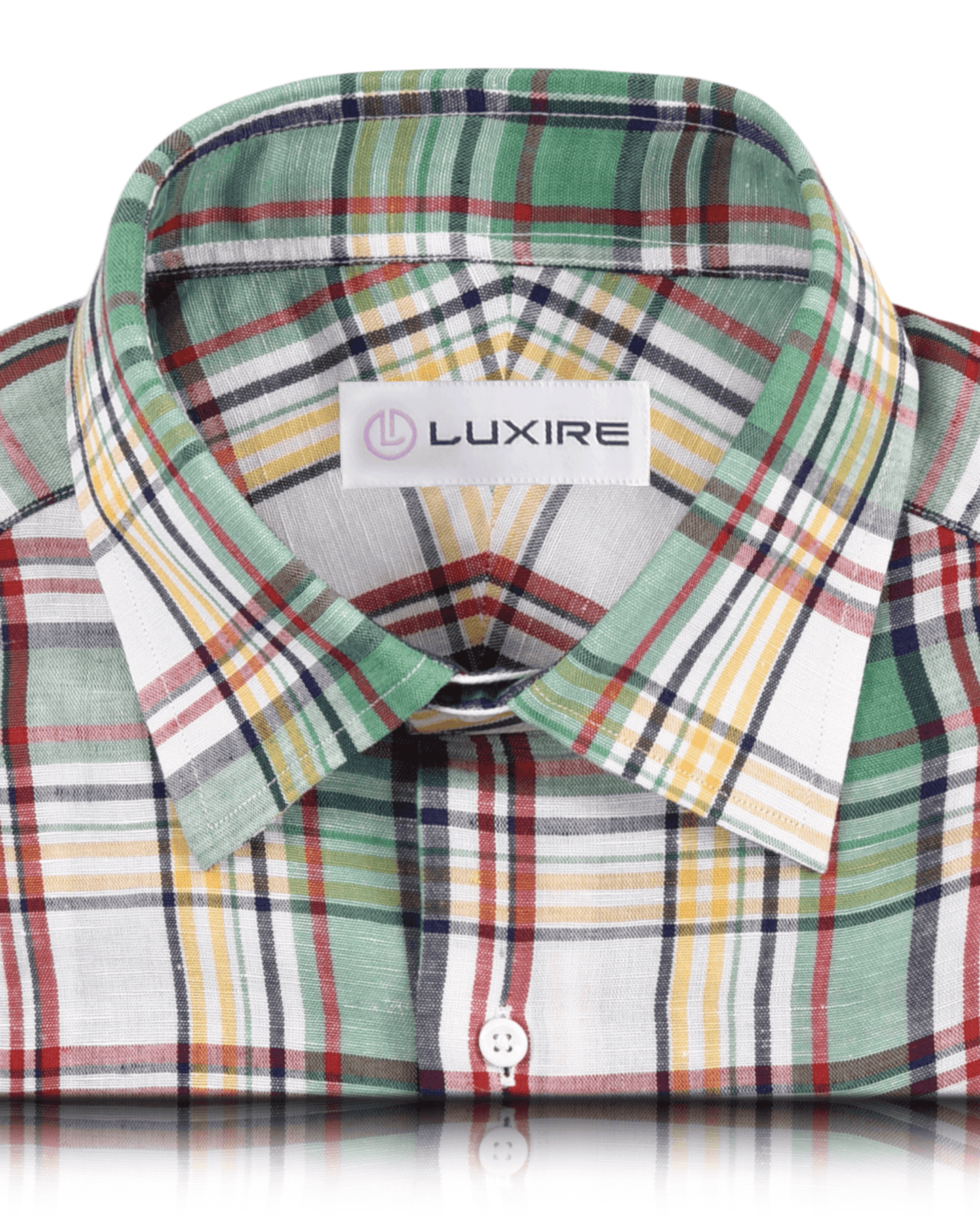 Collar of the custom linen shirt for men in multi-coloured checks by Luxire Clothing