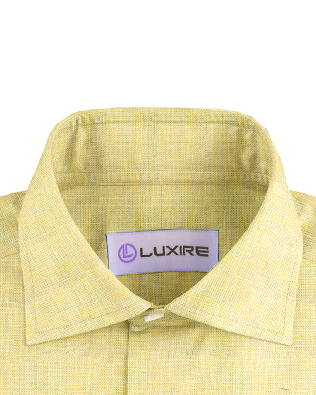 Front close up view of custom linen shirt for men in pale yellow