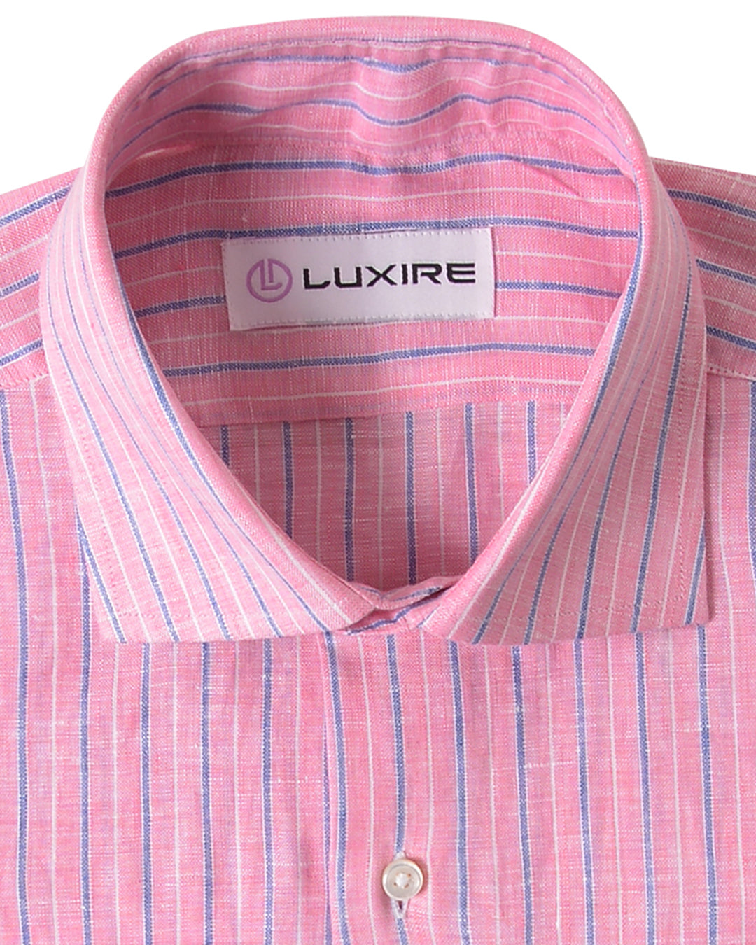 Collar up of the custom linen shirt for men in pink and blue stripes by Luxire Clothing