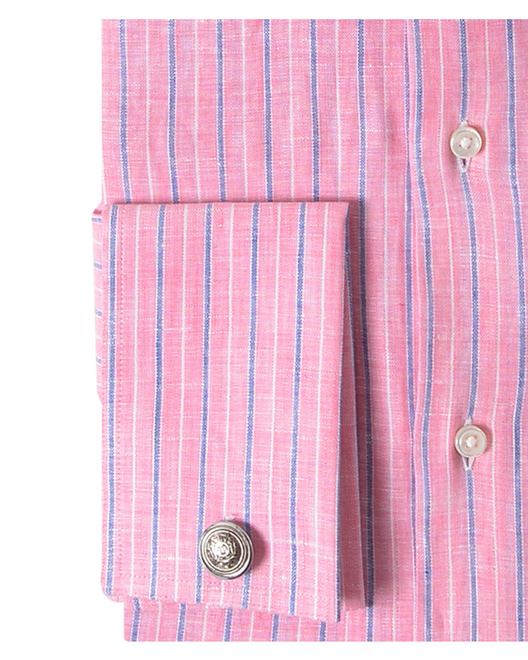 Cuff up of the custom linen shirt for men in pink and blue stripes by Luxire Clothing