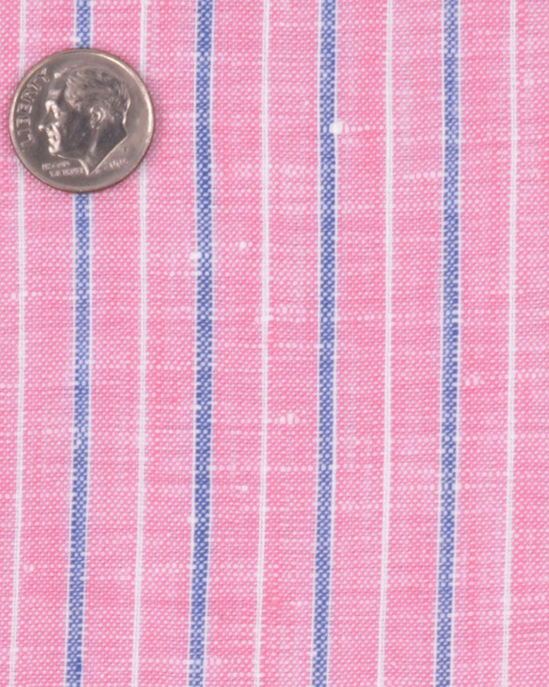 Close up of the custom linen shirt for men in pink and blue stripes by Luxire Clothing