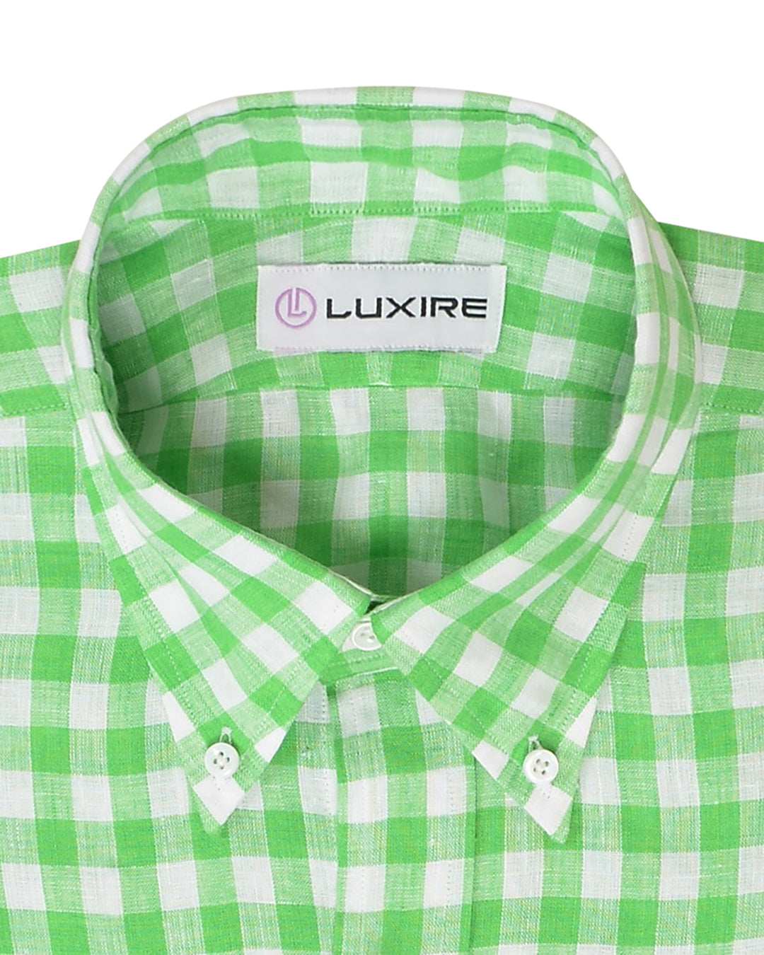 Collar of custom linen shirt for men in green and white gingham by Luxire Clothing