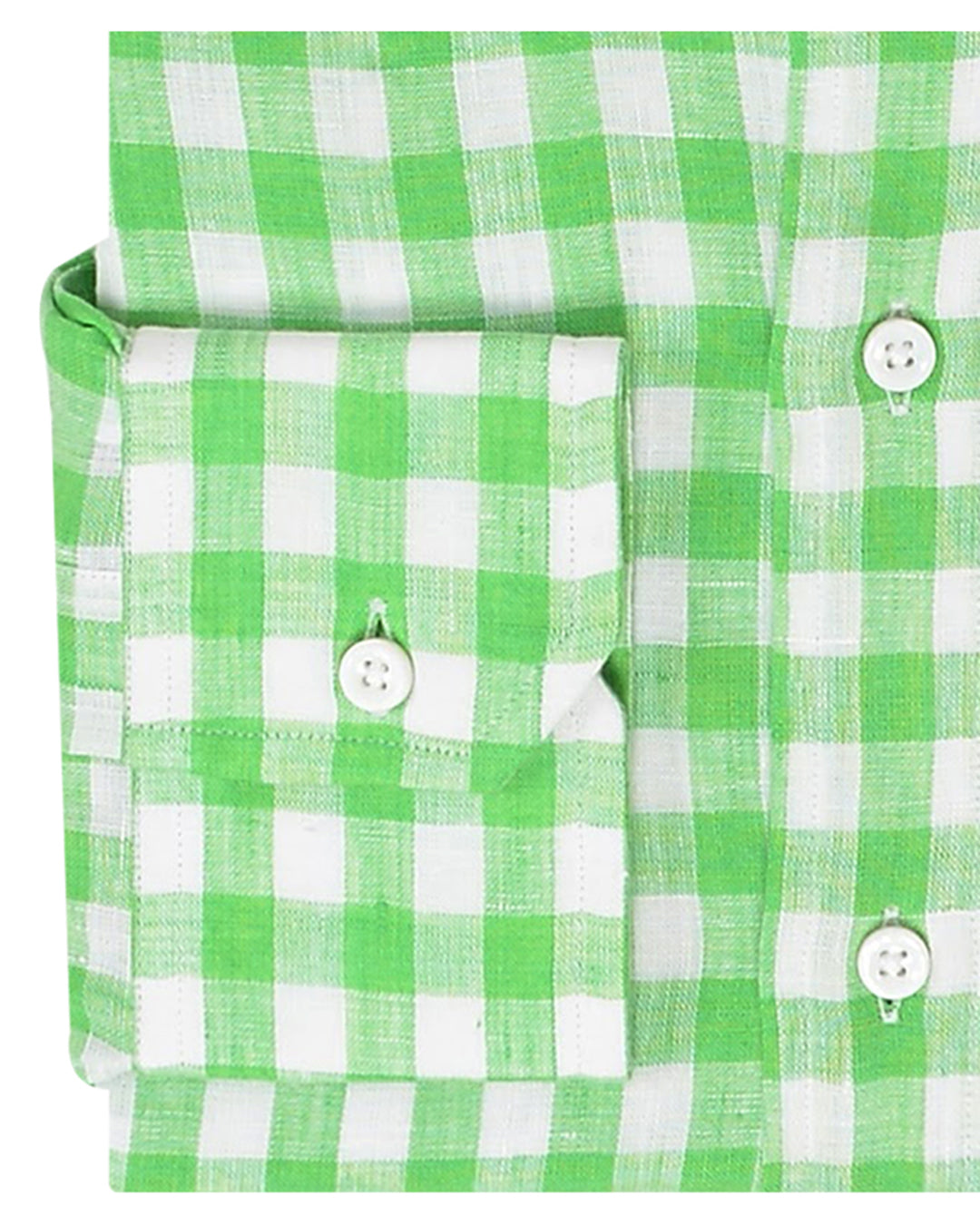 Cuff of custom linen shirt for men in green and white gingham by Luxire Clothing